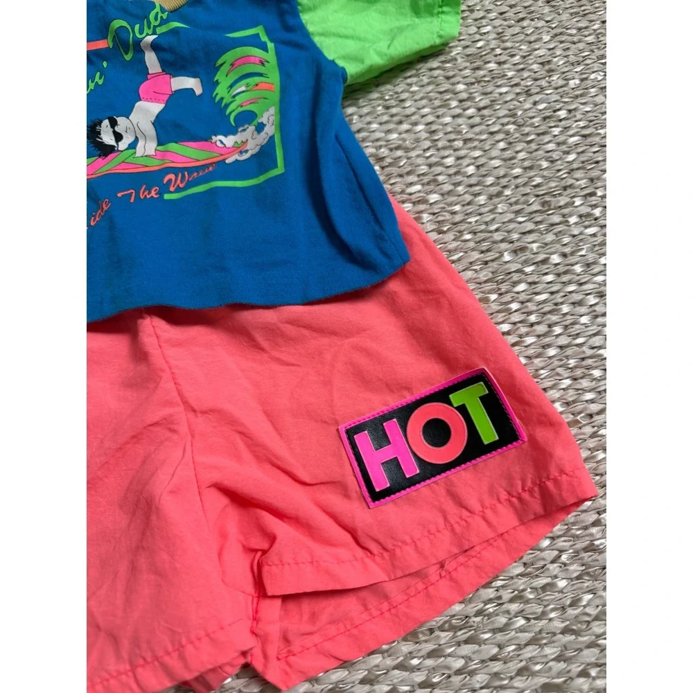 Vintage Neon Surfin Dud Toddler Set 24/18 Retro Beach skate surf tee shorts 80's